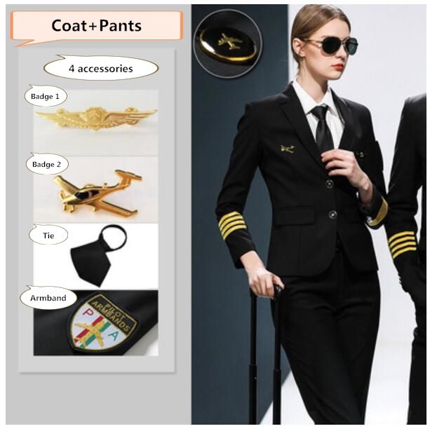 Black Women's single breasted  coat+pants+4 accessories