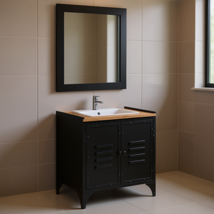 Conjunto de Muebles de Baño de Madera Natural con Acabado Negro, de Pie, con Espejo, Diseño Elegante, de 38-46 Pulgadas de Ancho - Product Image 2
