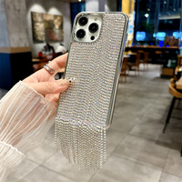 Coque de téléphone de luxe brillante avec pendentif à pampilles en strass et cristaux pour iPhone 17 Pro Max 16 15 14 13, avec cadre plaqué et protection intégrale