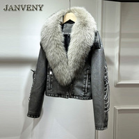 JANVENY 2024 nouveau hiver réel col en fourrure de renard Faux cuir veste courte femmes bras sangle fermeture éclair lâche chaud lavé PU cuir manteau