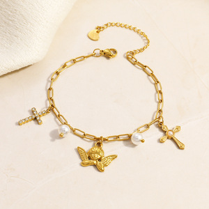 Pulsera con Cruz, Chapada en Oro de 18k, Aleación de Zinc, con Alas de Ángel y Perla, Engaste de Garra, para Regalo - Product Image 3