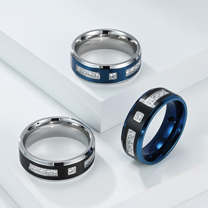 <b>Titanium</b> Steel Two Tone <b>Ring</b> With Diamond Inlay Blue Black Unisex Jewelry Gift - Product Image 1