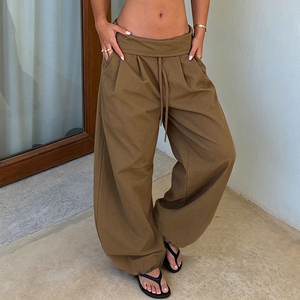 Pantalon d'été décontracté pour femme, taille basse, coupe large, en toile respirante, avec ceinture élastique, couleur unie, coupe ample, ourlet élastique tissé - Product Image 1