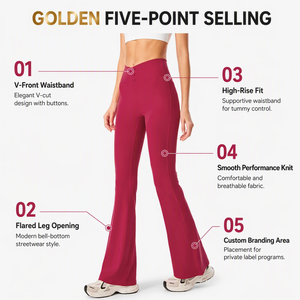 Pantalones de Yoga Premium para Mujer, Color Borgoña, Cintura Alta, Corte Acampanado, con Cintura Cruzada en V y Detalle de Botones, para Colecciones de Fitness Profesional - Product Image 2