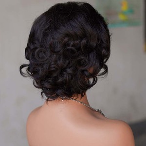 Perruques courtes bouclées sans colle pré-épilées avec frange, <span class=keywords><strong>cheveux</strong></span> vierges vietnamiens naturels noirs, bonnet petit format pour femmes, vente en gros - Product Image 5