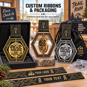 Medallas Personalizadas para Corredores de Trail Running con Marcos Hexagonales Calados para Finalistas de Carreras en Oro, Plata y Bronce con Cintas Impresas - Product Image 2