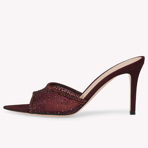 Sandales à talons hauts pour femmes, en maille ornée de strass, à bout pointu, style mules, vente en gros, personnalisation OEM - Product Image 1