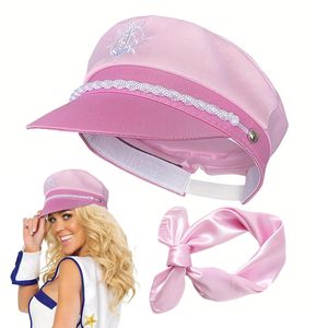 Sombrero rosa azul marino con bufanda Set Flat Top Yacht Vacation Sailor Captain Hat Girl Pink Boat Admiral Cap Bachelorette Party Hat - Product Image 1