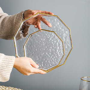 13 بوصة مطرقة نمط الذهب حافة مثمنة جولة شقة واضح الزجاج كعكة طبق عشاء - Product Image 3