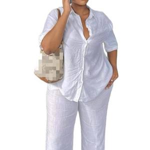 Women's Solid Color Lapel Short Sleeve Shirt Loose Top Long <b>Pants</b> African New 2 Piece Set Fashion - Product Image 1