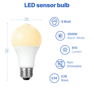 Bombilla LED Inteligente con Sensor, 8W, 120V, E26, <span class=keywords><strong>PIR</strong></span> Infrarrojo, Iluminación Automática, 3000K, 810LM, Lámpara de Ahorro de Energía para Pasillo, Garaje, Sótano - Product Image 2