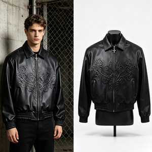OEM Custom High Quality Genuine <strong>Jacket</strong> Streetwear Biker Motorcycle Racing PU Bomber Zip up Embossed <strong>Leather</strong> <strong>Jacket</strong> for <strong>Men</strong> - Product Image 2