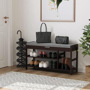 Bamboo Shoe Bench With <b>Cushioned</b> Seat And <b>Storage</b> Space For Entryway Vintage Style Reddish Brown - Product Image 1