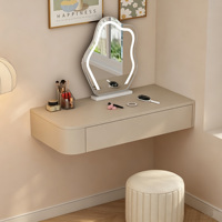 Meuble-lavabo mural flottant avec miroir LED irrégulier, table de maquillage crème avec tiroirs, coiffeuse murale moderne pour chambre à coucher