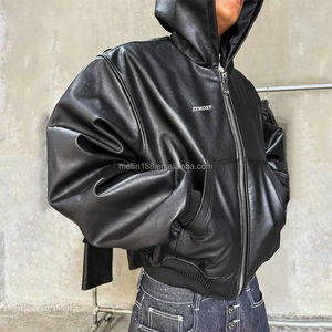 Giacche da uomo personalizzate con cerniera nera di alta qualità felpe in pelle con cappuccio <span class=keywords><strong>oversize</strong></span> abbigliamento Casual da strada giacche di pelle - Product Image 2