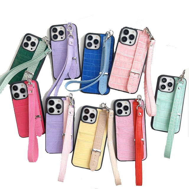 Crocodiles Design Leather PU Wrist Strap Card Holder Phone case with Lanyard for iPhone 11/12Promax/13/14plus/14Pro Max,No Mini