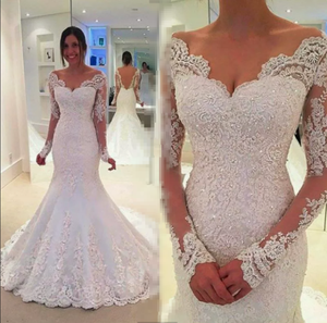 Vestidos de Novia Sirena Personalizados de Manga Larga, Vestido de Novia Sexy con Cuello en V, Apliques y Cola Corta, Vestidos Formales de Princesa para Novia - Product Image 4