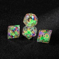 Ensemble de 7 dés en résine époxy verte faits à la main avec fleurs violettes et chiffres dorés D6 D12 D20 pour jeux de rôle D&D