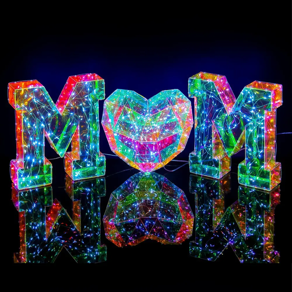 Ideas de regalos para el Día DE LA MADRE 2024, película holográfica de Pvc, letras de luz Led coloridas, adornos para mamá o papá, regalo del Día del Padre para papá