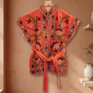 Chaqueta de Terciopelo de Primavera, Manga Corta, Bordado Floral, Estilo Boho, Reversible, con Lazo, Relleno de Poliéster, Forro de Lino - Product Image 3