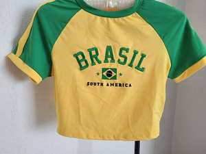 T-shirt da <span class=keywords><strong>donna</strong></span> in cotone Y2K di alta qualità con colori a contrasto grafica con bandiera brasiliana ricamata aderente manica Raglan - Product Image 5