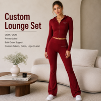 Conjunto Deportivo OEM ODM para Mujer, Color Vino Tinto, Algodón Acordonado, Manga Larga, Sudadera Corta con Cierre Completo, Cintura Alta, Corte Ajustado y Acampanado