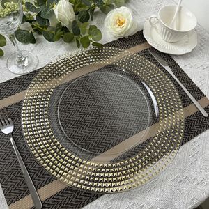 Assiettes <span class=keywords><strong>de</strong></span> table <span class=keywords><strong>de</strong></span> 13 pouces personnalisées en plastique doré étoiles mosaïque ronde transparente claire pour banquet <span class=keywords><strong>de</strong></span> fête pour réception <span class=keywords><strong>de</strong></span> mariage - Product Image 1