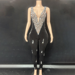 Novance Y5602 Combinaison longue élégante pour femme avec strass brillants, en <span class=keywords><strong>velours</strong></span> noir sexy, pour la pole dance - Product Image 1