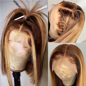 Perruque Bob Courte Lisse Ombré Blond Miel avec Mèches 4/27, Cheveux Humains, Perruque Lace Front 13x4, 100% Cheveux Humains Pré-Pluckée, 14 Pouces - Product Image 2