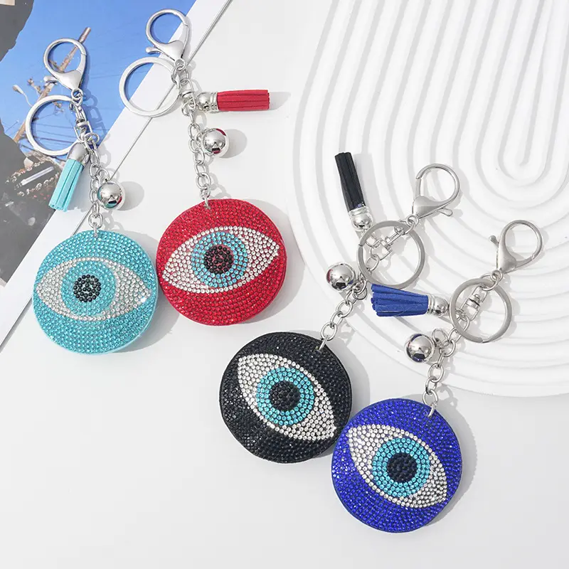 Wholesale Car Bag Pendant Accessories Round Blue Diamond Crystal Devil Eye Key Ring Bling Rhine Stone Evil Eyes Key Chain