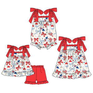 Précommande MOQ 5 Nœuds imprimés drapeau pour filles, pour la fête du 4 juillet, vente en gros, nouvelle mode pour enfants, vêtements de boutique doux, prix d'usine - Product Image 1