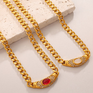 سلسلة كوبية ضخمة من الفولاذ المقاوم للصدأ مطلية بالذهب عيار 18 قيراط مع قلادات عيون القط الملونة للنساء للارتداء اليومي وكهدية - Product Image 3