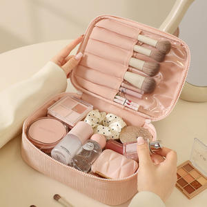Bolsa de maquillaje Beilian de gran capacidad, rosa, de pana, estuche de viaje para cosméticos con compartimentos para brochas, para mujeres. - Product Image 1