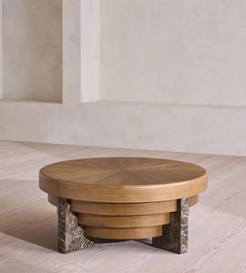 Custom <b>Round</b> Oak <b>Coffee</b> <b>Table</b>, Star‑Burst Wood Veneer Top <b>Marble</b> Leg Layered Design Center <b>Table</b> for Living Room Villa - Product Image 3