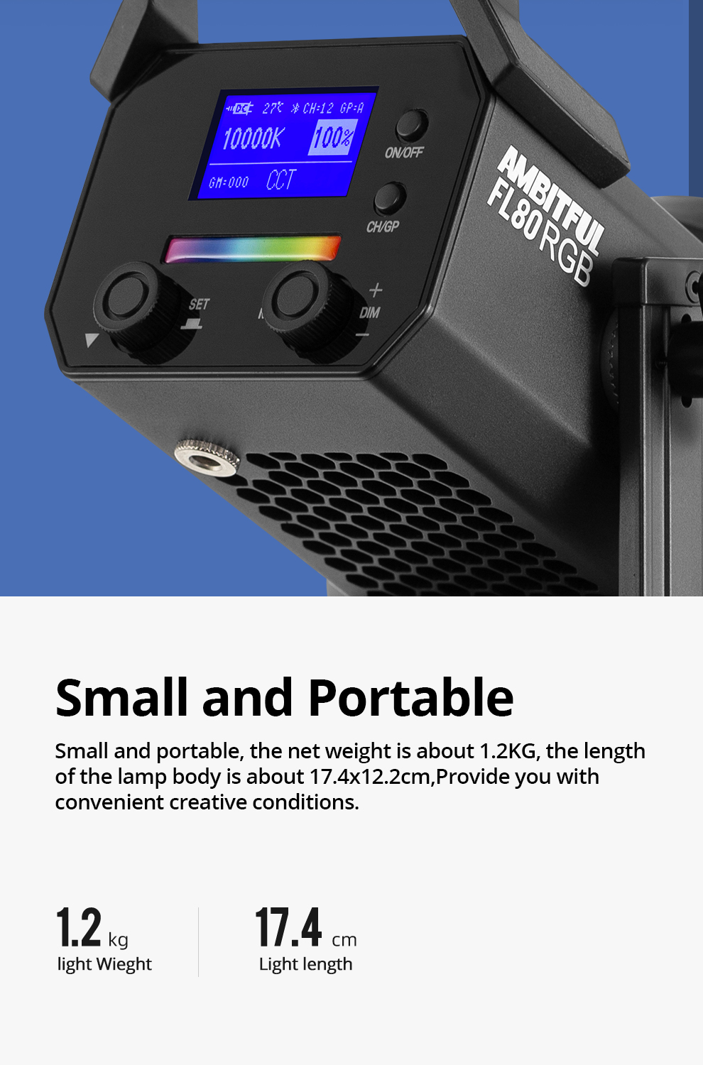 AMBITFUL FL80 RGB LED Video Light 80W 5600K Outdoor Photography Daylight Lighting Adjust Brightness Bowens Mount Support APP