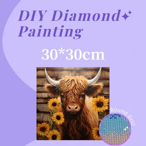 1PC DIY 30x30cm <span class=keywords><strong>Peinture</strong></span> Diamant <span class=keywords><strong>Tournesol</strong></span> Bovins des Highlands Rond Complet 5D <span class=keywords><strong>Acrylique</strong></span> Animal pour Décoration Murale - Product Image 1