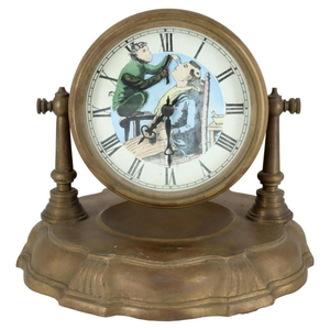 Reloj de Novedad Animado con Imagen de Mono Barbero, de Porcelana Esmaltada, con Repetidor de 36 Horas y Caja de Latón Antiguo - Product Image 1