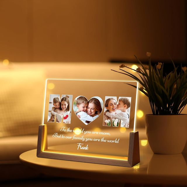 Custom Acrylic Photo Night Light 8 Inch with Walnut Wood U-Shape Base LED Picture Frame Gift for  Women Men Birthday Christmas