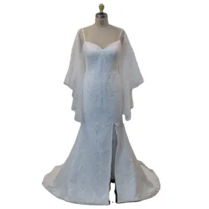 奢华优雅可拆卸袖婚纱v领意大利面条带亮片蕾丝女式婚纱