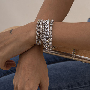 Wholesale New Fashionable <strong>Stack</strong> Bracelets Sets Crystal Rhinestone <strong>Silver</strong> Chain Bracelet Chunky Cuban Bracelet for Women Men - Product Image 2