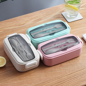 Heylunch <b>Lunch</b> <b>Box</b> With Cutlery Set Portable Rectangle Bento <b>Box</b> For Students Office Workers Solid Color Plastic Lid - Product Image 2