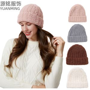 Yuanming Women's Knitted Wool Hat Beige Milky White Pink Brown Gray Lotus Root Pink Warm Autumn Winter Foldable 56-58cm - Product Image 1