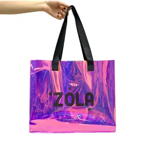 Clear PVC Holographic Tote Bag Waterproof Handbags For Wedding Shopping Grocery Bag With Woven Handles