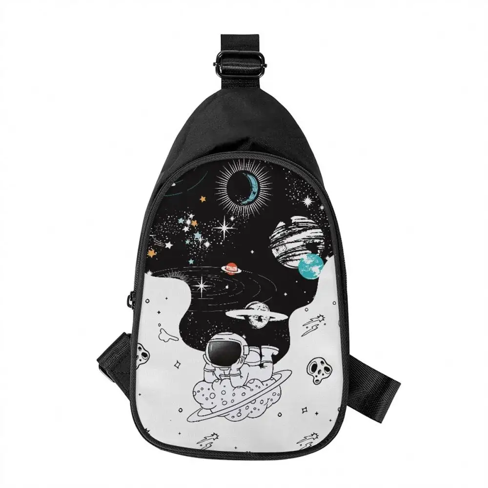 Men Chest Sling Bag With Custom Black Cartoon Images Of Astronauts On The Moon Logo Designer Fashion Wholesale Messenger Bags