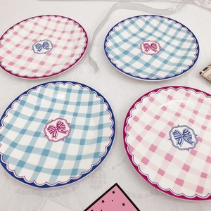 Korean Ins Small Fresh Creative Ceramic Western Plate Plaid Bow Thick Plate Cake Dessert Breakfast Plate - Product Image 1