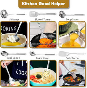 Ensemble d'ustensiles de cuisine en acier inoxydable résistant à la chaleur comprenant une spatule, une cuillère de service, une louche, une écumoire et un serveur de pâtes - Product Image 5