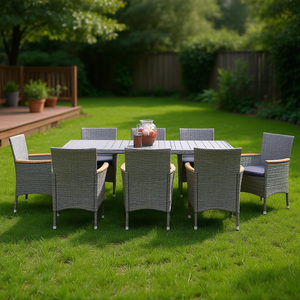 Conjunto de Comedor de Patio de Ratán Sintético Gris para 8 Personas, Muebles de Jardín de Estilo Contemporáneo con Estructura de Acero Resistente a la Intemperie - Product Image 2
