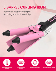 Rizador de varita de hierro de 3 barriles, rizador de pelo de <span class=keywords><strong>sirena</strong></span> con temperatura ajustable, ondulador de cabello rosa - Product Image 5