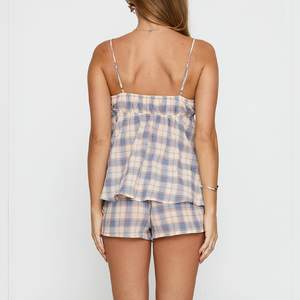 Damen Zweiteiler Set mit Blau-Rosa Karierter Camisole und Shorts, Lässiger Sommer-Loungewear-Outfit - Product Image 4