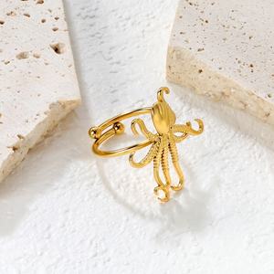 Bagues personnalisables pour femmes, style mode minimaliste, étanches, ajustables, plaquées or 18K PVD, motif pieuvre marine, bijoux de plage - Product Image 4
